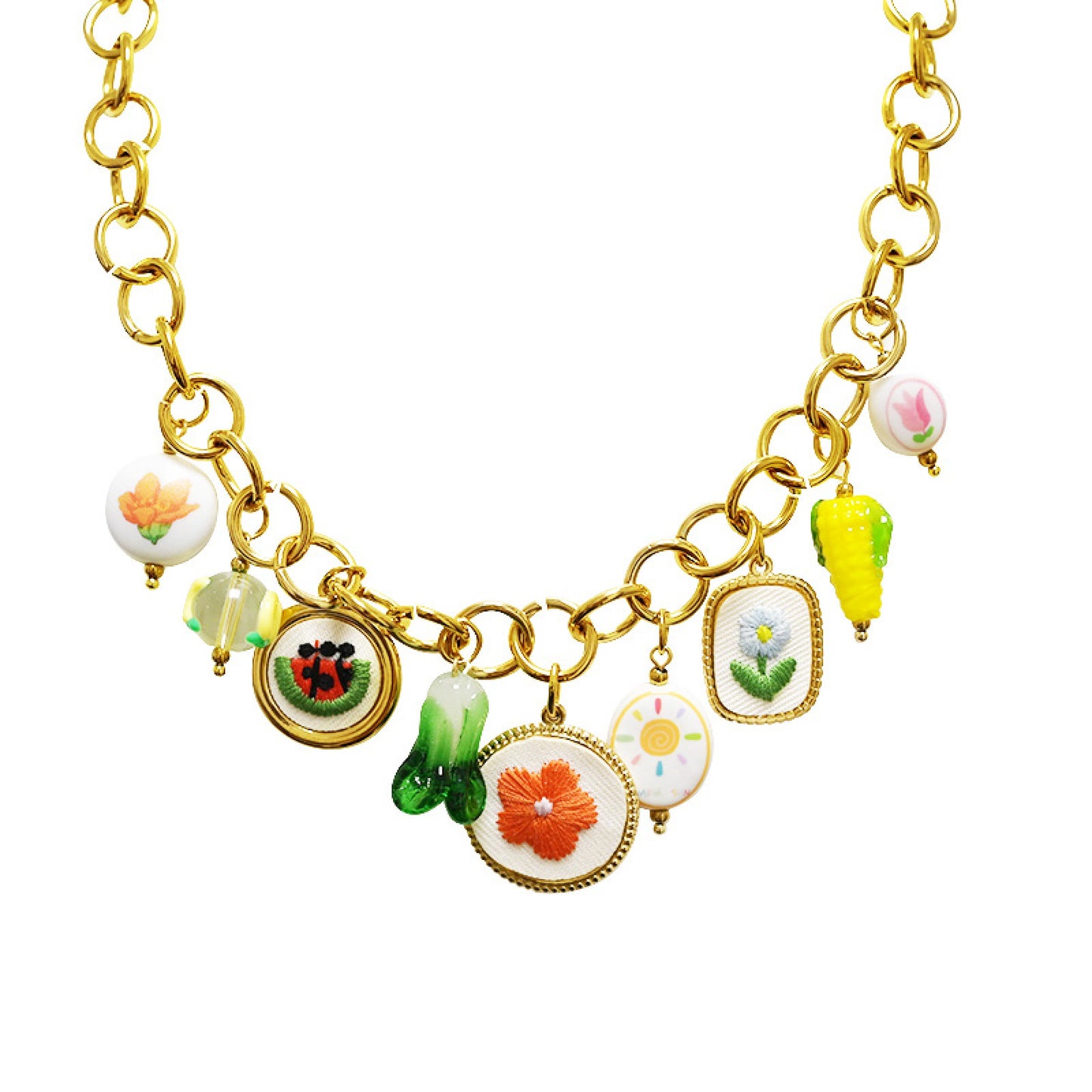 FLOWER CHIC NECKLACE – Collana Chunky Gold con Charms Frutta, Sole e Fiori – Eldra Milano