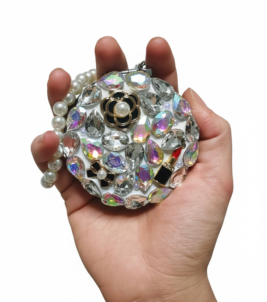 Specchietto da Borsetta con Cristalli e Perle