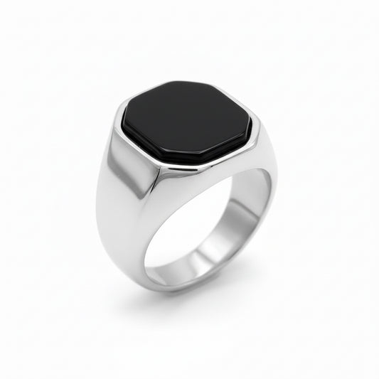 Anello "Nox" - Onice Nero & Acciaio Inox